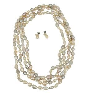 Freshwater Keshi Pearl Extra Long Necklace 80" Single Strand with earrings